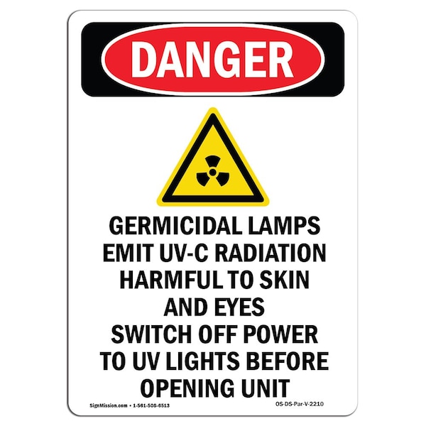 Safety Sign, OSHA Danger, 5" Height, Germicidal Lamps Emit, Portrait, 10PK